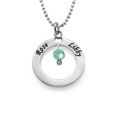 Engraved Classic Circle Necklace with Birthstones  - Handcrafted & Custom-Made