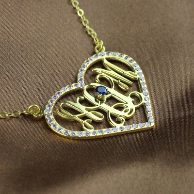Birthstone Heart Monogram Necklace 18ct Gold Plated  - Handcrafted & Custom-Made