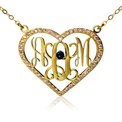Birthstone Heart Monogram Necklace 18ct Gold Plated  - Handcrafted & Custom-Made