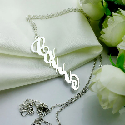 Solid White Gold 18ct Personalised Vertical Carrie Style Name Necklace - Handcrafted & Custom-Made