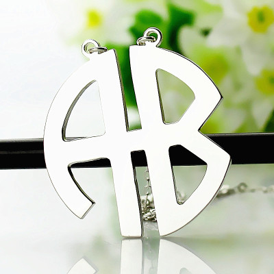 Two Initial Block Monogram Pendant Necklace Solid White Gold - Handcrafted & Custom-Made