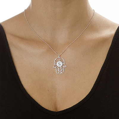 Silver Personalised Initial Hamsa Necklace - Handcrafted & Custom-Made