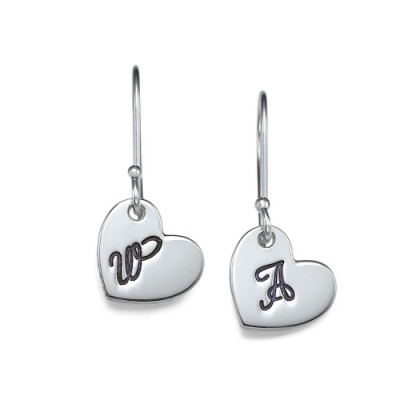 Silver Dangling Heart Earrings with Initial - Handcrafted & Custom-Made