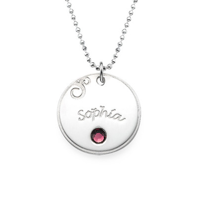 Sterling Silver Engraved Necklace with Birthstone  - Handcrafted & Custom-Made