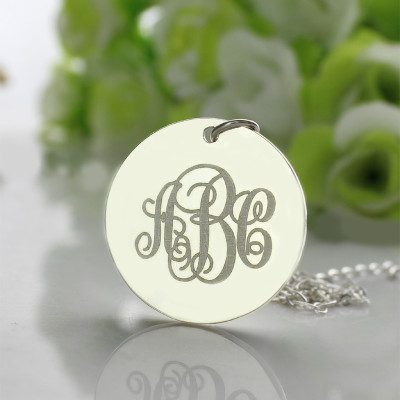 Solid White Gold Vine Font Disc Engraved Monogram Necklace - Handcrafted & Custom-Made