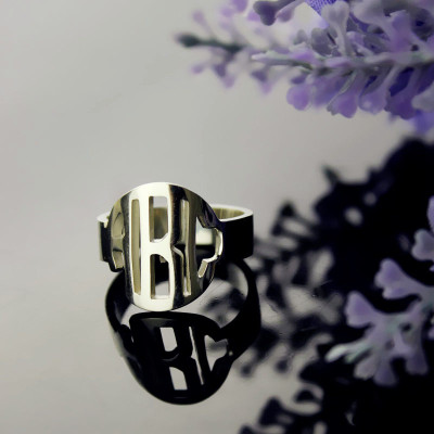 Circle Block Monogram 3 Initials Ring Solid White Gold Ring - Handcrafted & Custom-Made