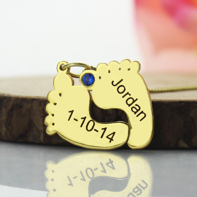 Birthstone Memory Baby Feet Charms with Date  Name 18ct Gold Plated  - Handcrafted & Custom-Made