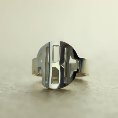 Circle Block Monogram 3 Initials Ring Solid White Gold Ring - Handcrafted & Custom-Made