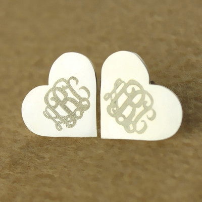 Heart Monogram Earrings Studs Cusotm 18ct White Gold Plated - Handcrafted & Custom-Made