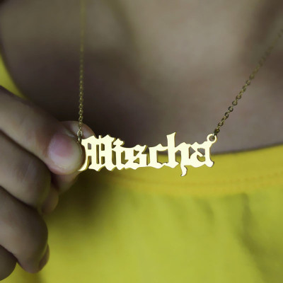 Mischa Barton Old English Font Name Necklace 18ct Gold Plated - Handcrafted & Custom-Made