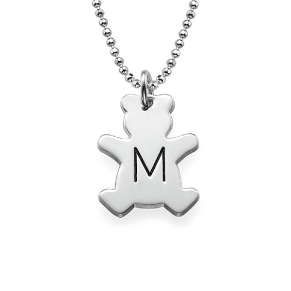 Teddy Bear Necklace with Initial in Silver - Handcrafted & Custom-Made