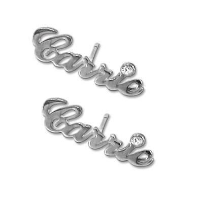 Sterling Silver Name Stud Earring with Crystal (PAIR) - Handcrafted & Custom-Made