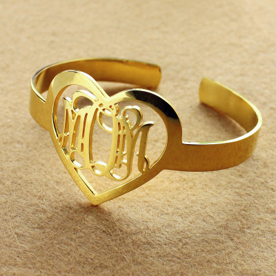 Personal Gold Plated Silver 3 Initials Monogram Bracelets With Heart - Handcrafted & Custom-Made