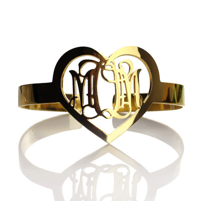 Personal Gold Plated Silver 3 Initials Monogram Bracelets With Heart - Handcrafted & Custom-Made