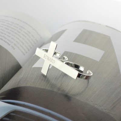 Custom Two finger Cross Ring Engraved Name Sterling Silver - Handcrafted & Custom-Made