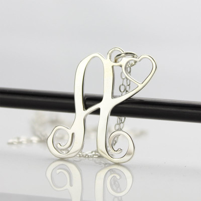 One Initial Monogram With Heart Necklace Silver - Handcrafted & Custom-Made