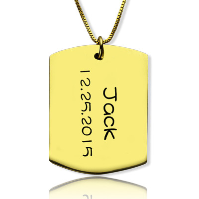 ID Dog Tag Bar Pendant with Name and Birth Date Gold Plated Silver - Handcrafted & Custom-Made
