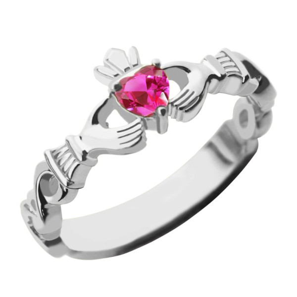 Ladies Claddagh Rings With Birthstone  Name White Gold Plated Silver  - Handcrafted & Custom-Made