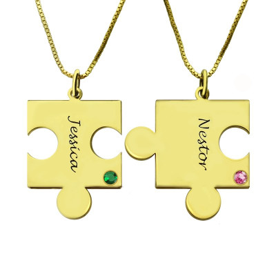 Matching Puzzle Necklace for Couple With Name  Birthstone 18ct Gold Plate  - Handcrafted & Custom-Made