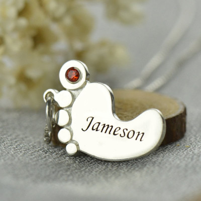 Personalised Mothers Baby Feet Necklace with birthstone  Name  - Handcrafted & Custom-Made