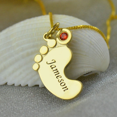 Baby Feet Necklace with birthstone Name Gold  - Handcrafted & Custom-Made
