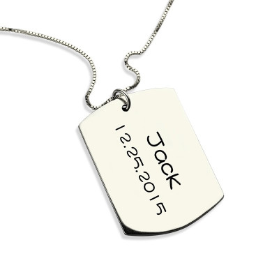Personalised ID Dog Tag Bar Pendant with Name and Birth Date Silver - Handcrafted & Custom-Made