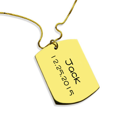 ID Dog Tag Bar Pendant with Name and Birth Date Gold Plated Silver - Handcrafted & Custom-Made