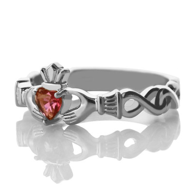 Ladies Claddagh Rings With Birthstone  Name White Gold Plated Silver  - Handcrafted & Custom-Made
