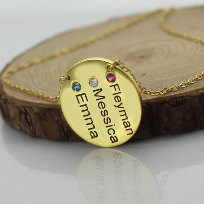 Disc Birthstone Family Names Necklace in 18ct Gold Plated  - Handcrafted & Custom-Made