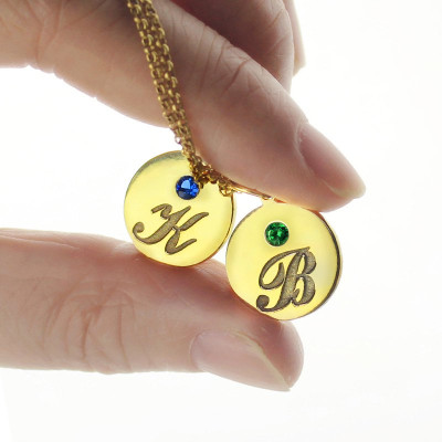 Engraved Initial  Birthstone Disc Charm Necklace 18ct Gold Plated  - Handcrafted & Custom-Made