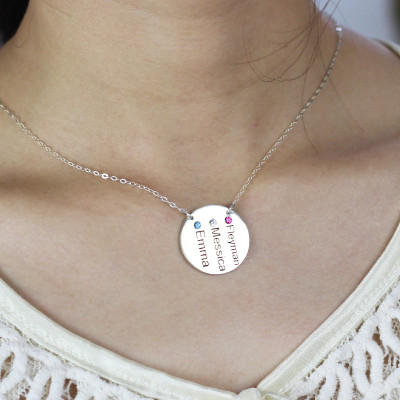 Disc Necklace With Names  Birthstones Silver  - Handcrafted & Custom-Made