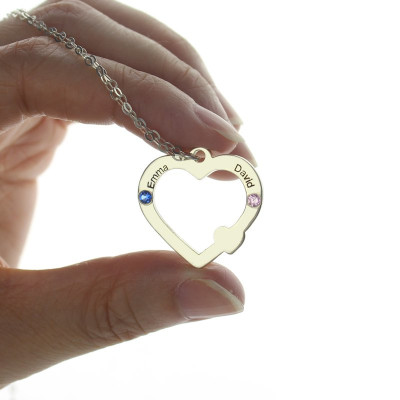 Double Name Open Heart Necklace with Birthstone Sterling Silver  - Handcrafted & Custom-Made