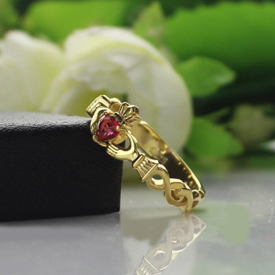 Ladies Modern Claddagh Rings With Birthstone  Name Gold Plated  - Handcrafted & Custom-Made