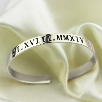 Personalised Roman Numeral Date Cuff Bracelet Sterling Silver - Handcrafted & Custom-Made
