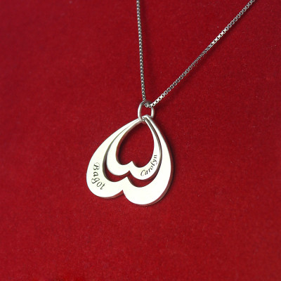 Double Heart Pendant With Names For Her Sterling Silver - Handcrafted & Custom-Made
