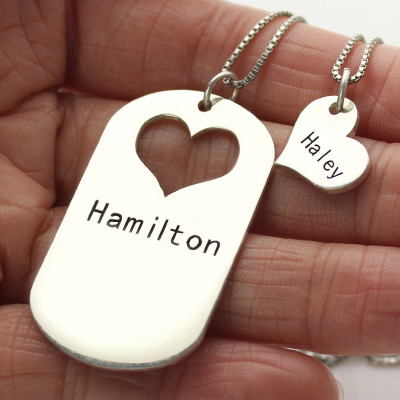 Couples Name Dog Tag Necklace Set with Cut Out Heart - Handcrafted & Custom-Made
