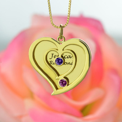 His  Her Birthstone Heart Name Necklace 18ct Gold Plated  - Handcrafted & Custom-Made