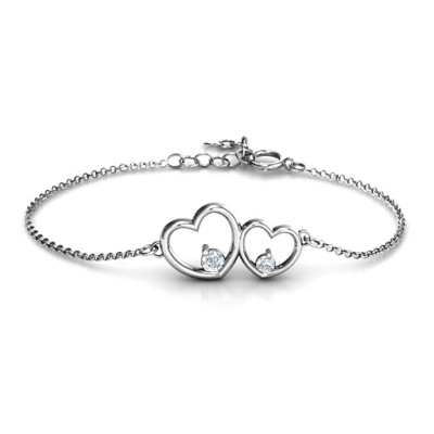 Sterling Silver Double Heart With Two Stones Bracelet  - Handcrafted & Custom-Made
