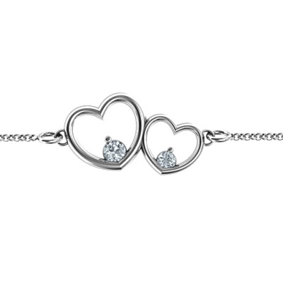 Sterling Silver Double Heart With Two Stones Bracelet  - Handcrafted & Custom-Made