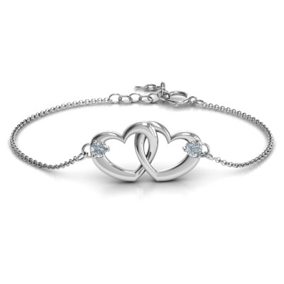 Sterling Silver Interlocking Heart Promise Bracelet with Two Stones  - Handcrafted & Custom-Made