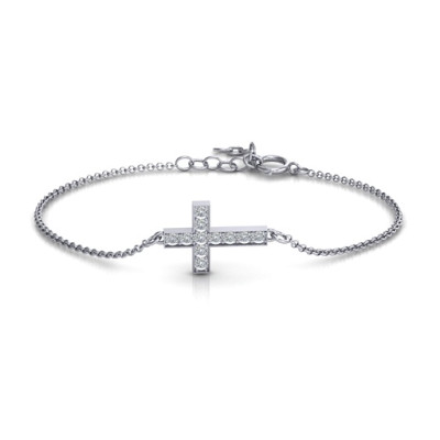 Sterling Silver Shimmering Cross Bracelet With Cubic Zirconia Accent Stones  - Handcrafted & Custom-Made