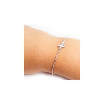 Sterling Silver Shimmering Cross Bracelet With Cubic Zirconia Accent Stones  - Handcrafted & Custom-Made