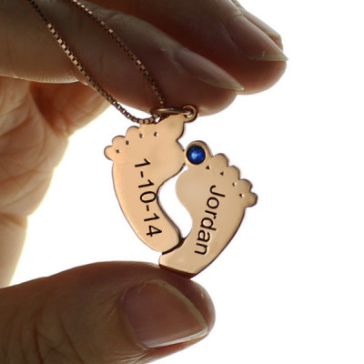 Engraved Baby Feet Imprint Necklace with Date Name 18ct Rose Gold Plated - Handcrafted & Custom-Made