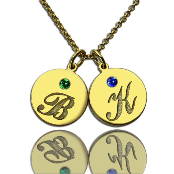 Engraved Initial  Birthstone Disc Charm Necklace 18ct Gold Plated  - Handcrafted & Custom-Made