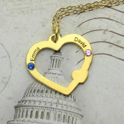 18ct Gold Open Heart Necklace with Double Name  Birthstone  - Handcrafted & Custom-Made