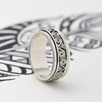Mens Aztec Silver Spinning Ring - Handcrafted & Custom-Made