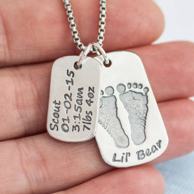Dog Tag With Baby Prints And Birth Info Necklace - Two Pendants - Handcrafted & Custom-Made