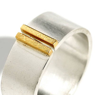 Silver And Gold Double Bar Wide Band Ring - Handcrafted & Custom-Made