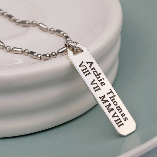 Mens Personalised Silver Vertical Bar Necklace - Handcrafted & Custom-Made