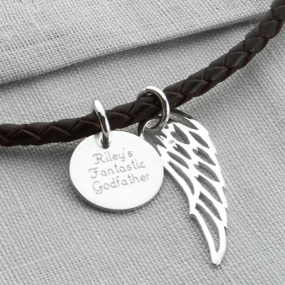 Personalised Silver Wing And Disc Leather Necklet - Handcrafted & Custom-Made
